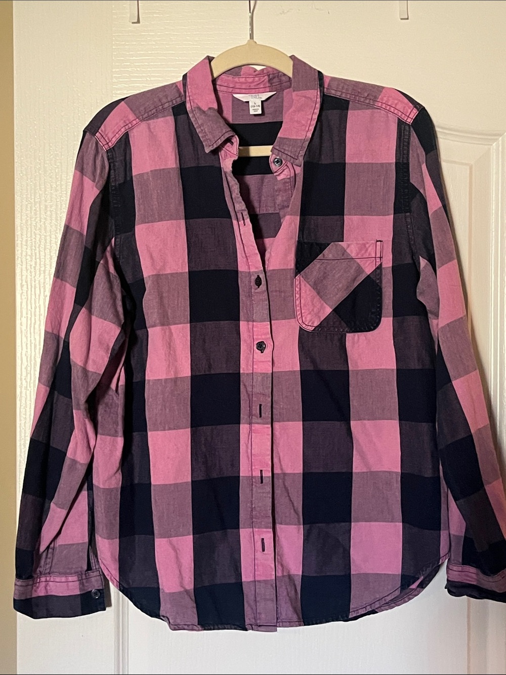Time and Tru Pink and Black Buffalo Plaid Button-Up Shirt
